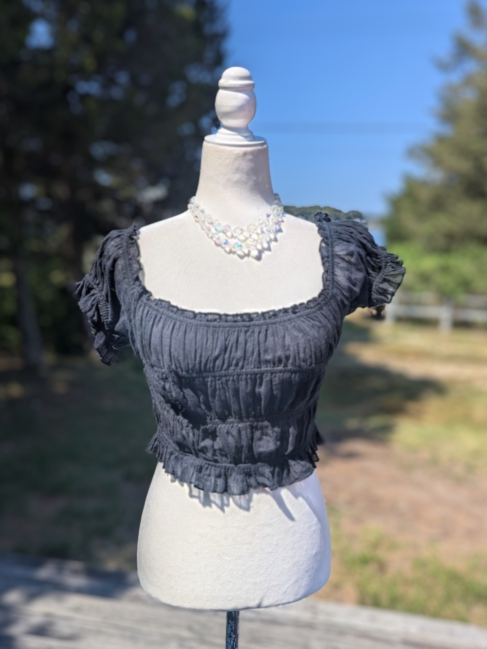 Free People Black Smocked Puff-Sleeve Crop Top - Picture 4 of 11